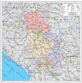 1:1.000.000 Ölçekli Sırbistan Kosova Siyasi Haritası