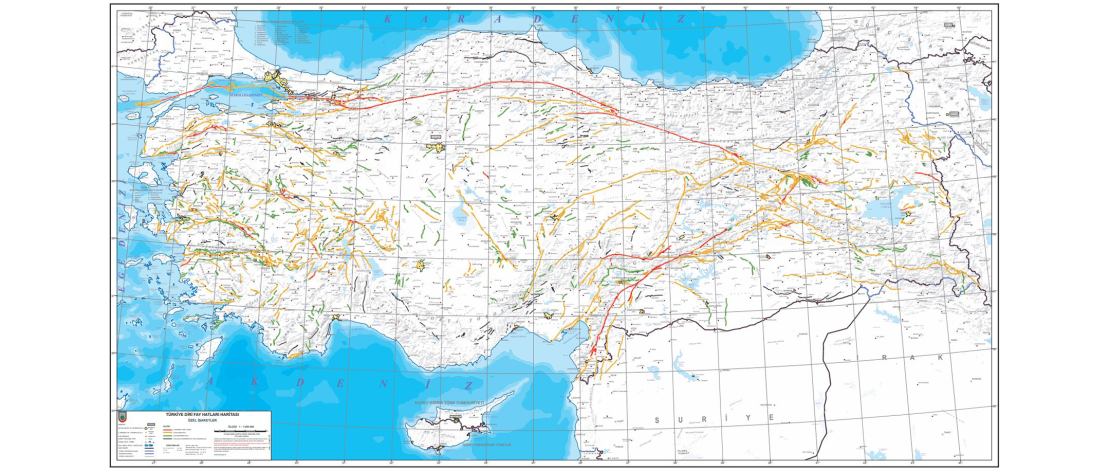 Maden Tetkik ve Arama Genel Müdürlüğü tarafından 2026 yılında yayımlanan diri fay verileri kullanılarak 1/1.000.000 ölçekli Türkiye Diri Fay Hatları Kabartma Haritası üretilmiştir. 