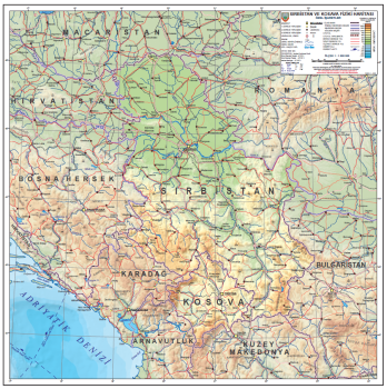 1:1.000.000 Ölçekli Sırbistan Kosova Fiziki Haritası